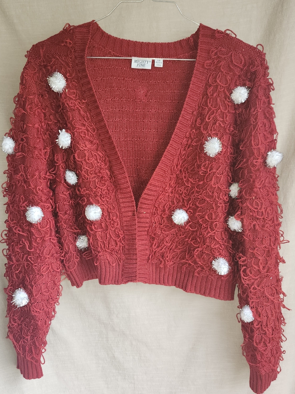 Mighty Fine Red Pom-Pom Loop Knit Women's Crop Cardigan Sweater